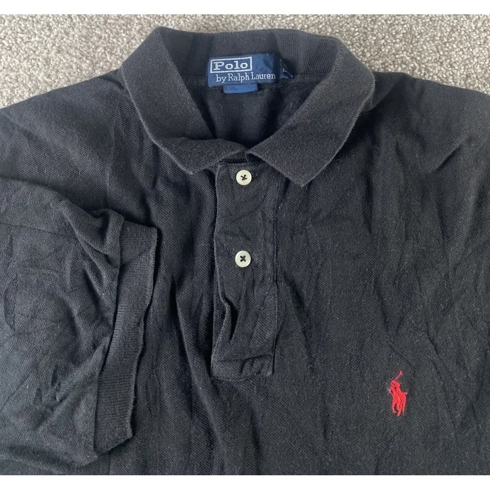 Polo Ralph Lauren Solid Black Polo Shirt Men L Red Pony Cotton Prep Relaxed Fit